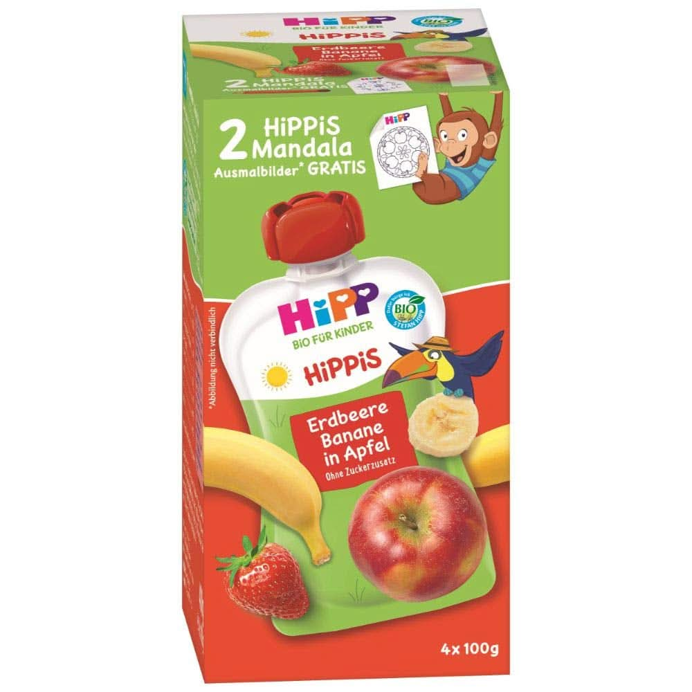 Hipp Hippis Quetschbeutel Vorteilspack, Erdbeere-Banane in Apfel, 100% Bio-Früchte Ohne Zuckerzusatz, 4 X 4 Beutel À 100 G