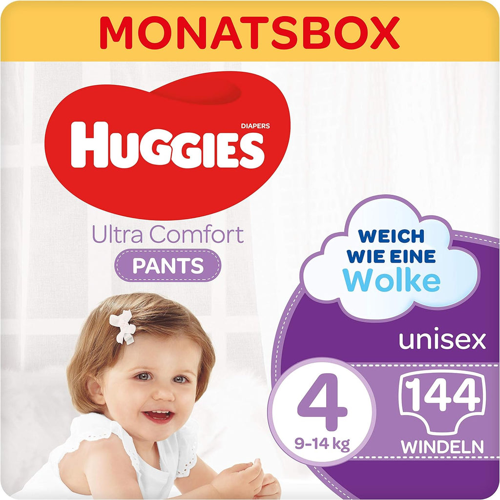 Huggies Ultra Comfort Pants mărimea 4, 9 - 14 kg, Pentru copii activi, Cu indicator de umezeală și tehnologie cloud waistband, 144 scutece