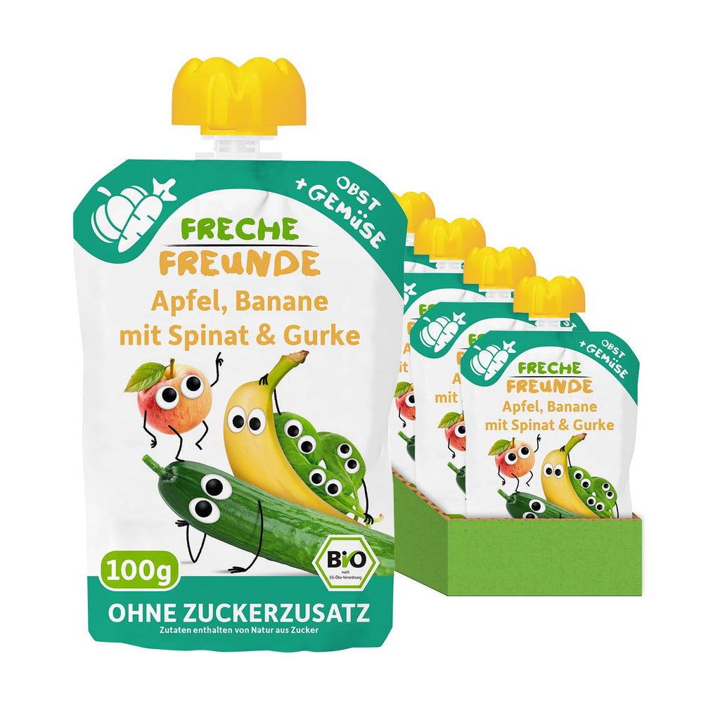 FRECHE FREUNDE Organic, Piure pentru bebeluși de la 6 luni, diverse combinatii, pachet de 6 (6 X 100G)