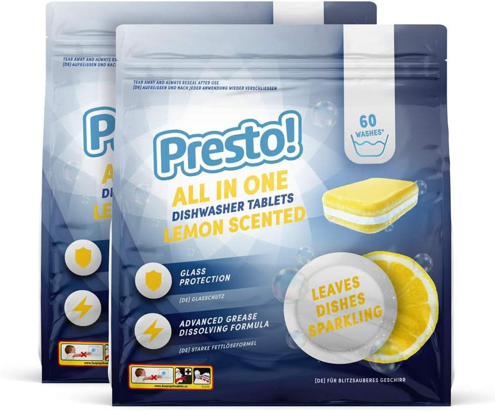 Presto! All in One Lemon tabletă pentru mașina de spălat vase, parfum de lămâie, 120 de spălări (2 pachete a câte 60)