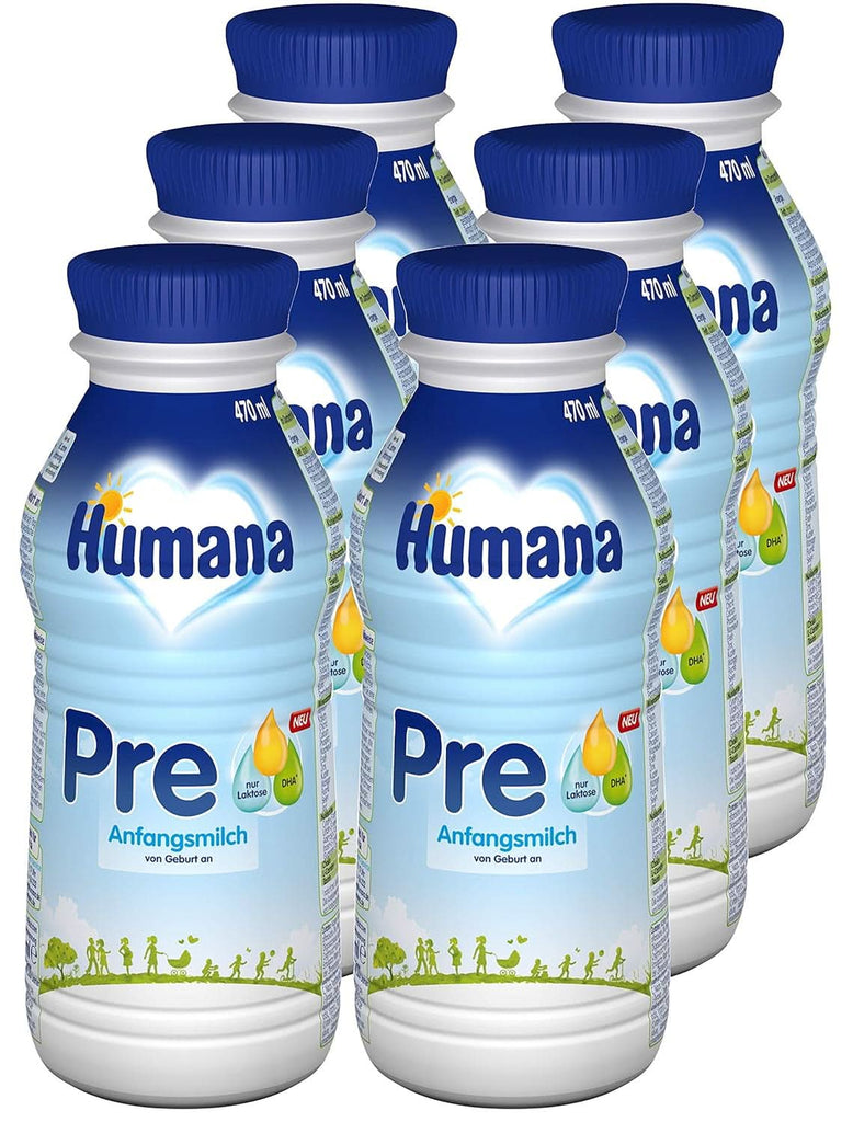 Humana Anfangsmilch Pre Trinkfertig, Von Geburt An, Trinkfertige Säuglingsmilch, Zusätzlich Zur Muttermilch Oder Als Alleinige Pre Nahrung, Babynahrung Mit DHA Und Nur Laktose, 6 X 470 Ml